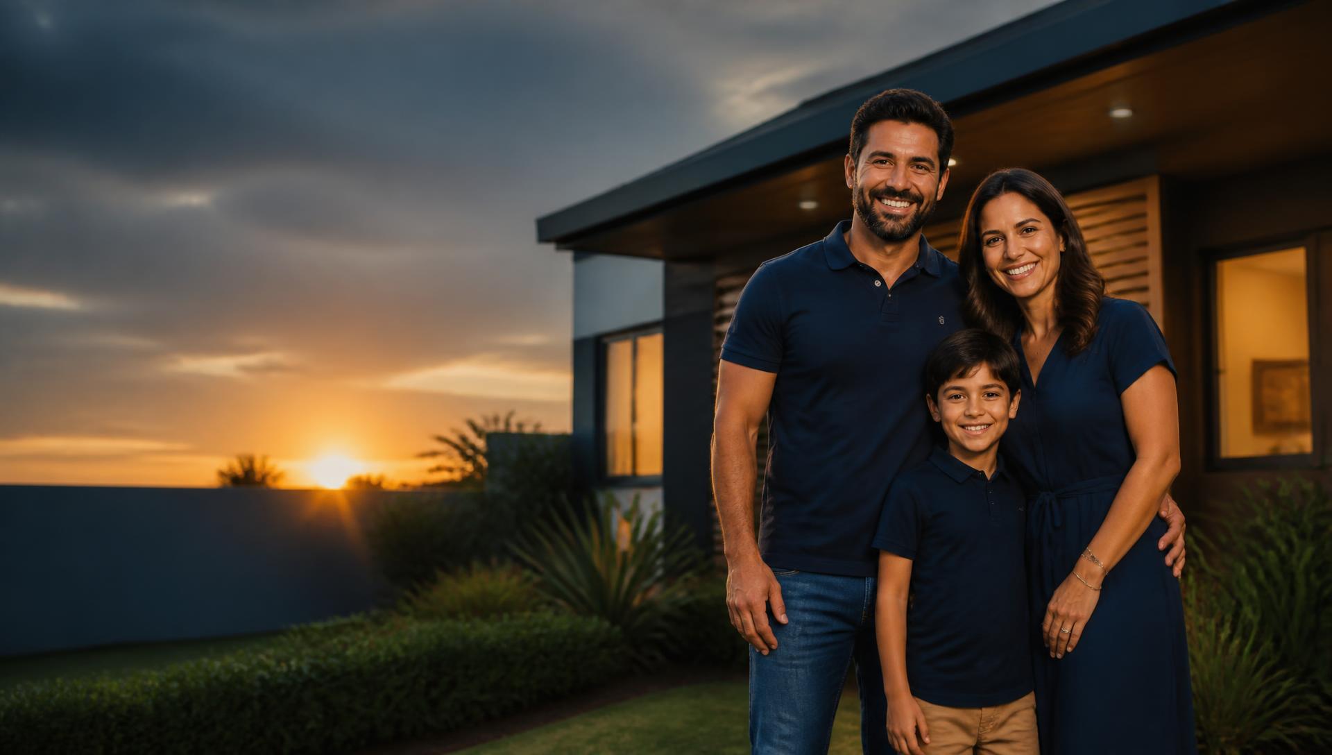 Família em frente à sua casa ao entardecer, protegida pelos seguros da Goiabal